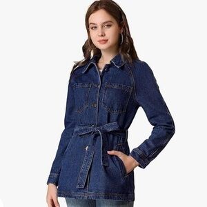 Raglan Sleeves Button Up Tie Belt Waist Boyfriend Dark blue Denim Jacket
